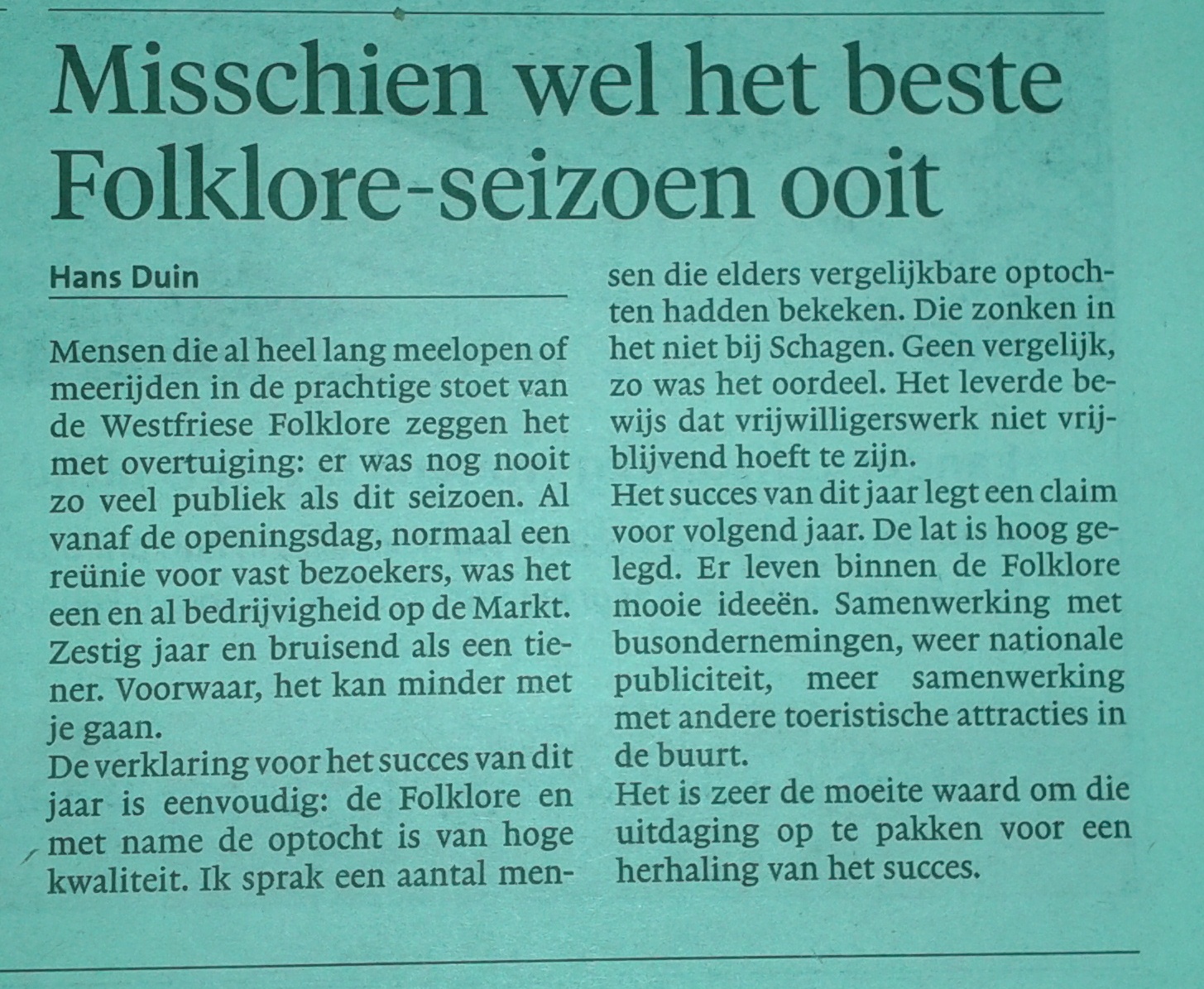 Mooi stukje Schager Krant 21 september